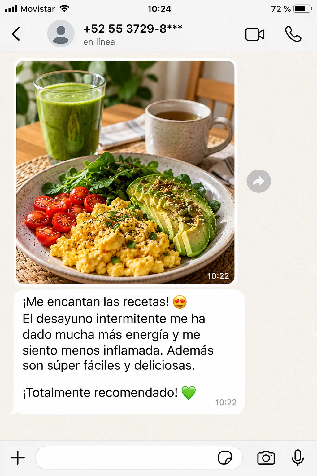 Testimonio de WhatsApp con desayuno saludable