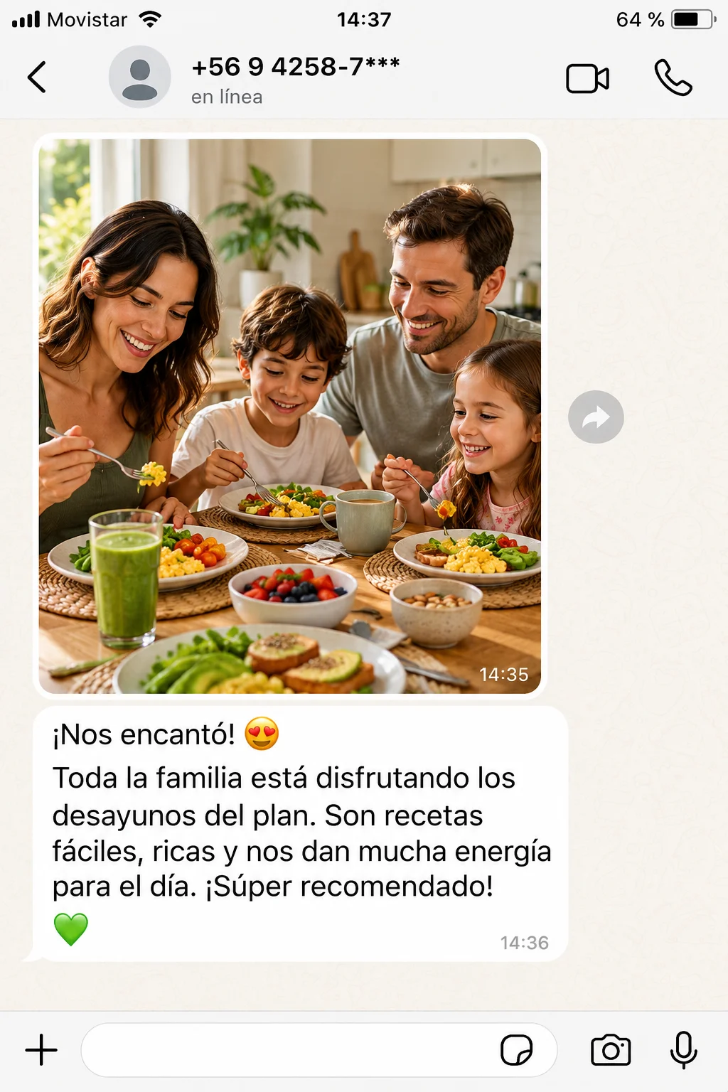Testimonio de WhatsApp con desayuno en familia