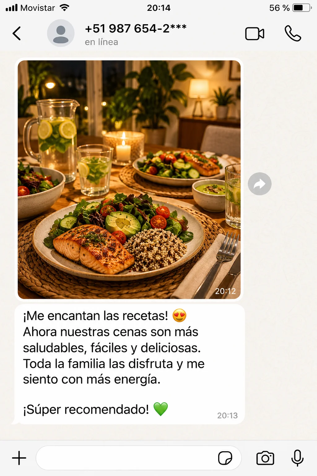 Testimonio de WhatsApp con cena saludable