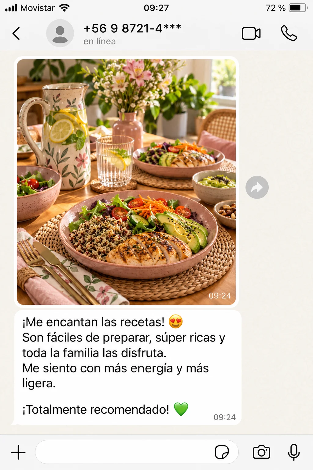 Testimonio de WhatsApp con plato saludable