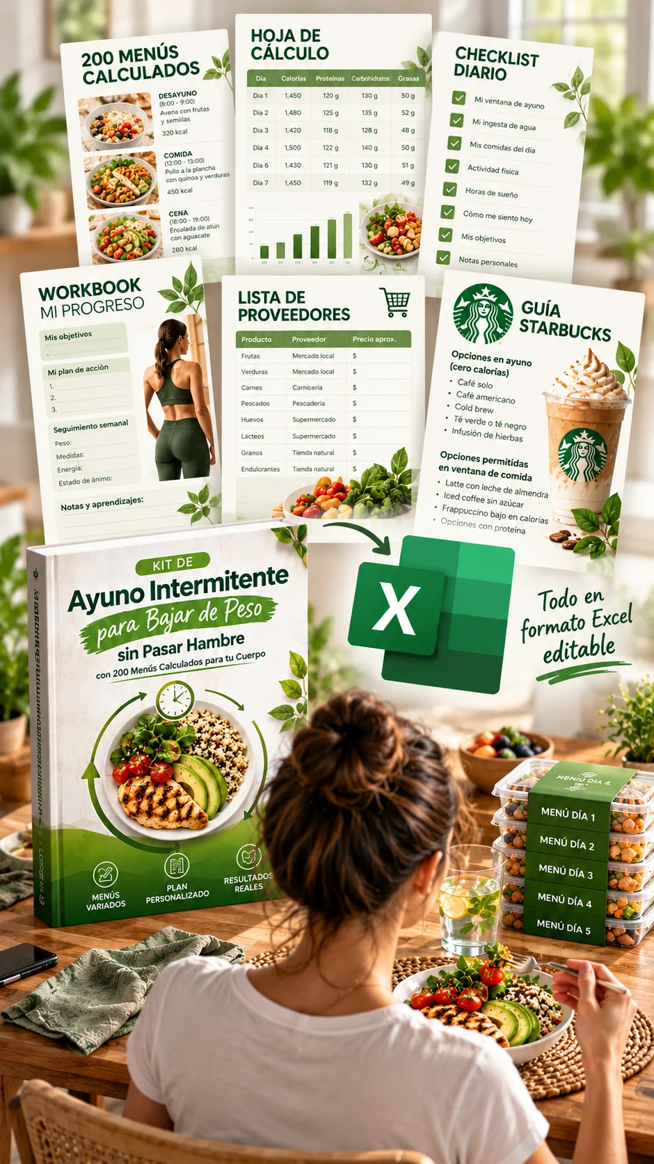Kit de Ayuno Intermitente para Bajar de Peso sin Pasar Hambre con 200 Menús Calculados para tu Cuerpo: guía, hojas de cálculo en Excel, menús del día y recipientes de meal prep