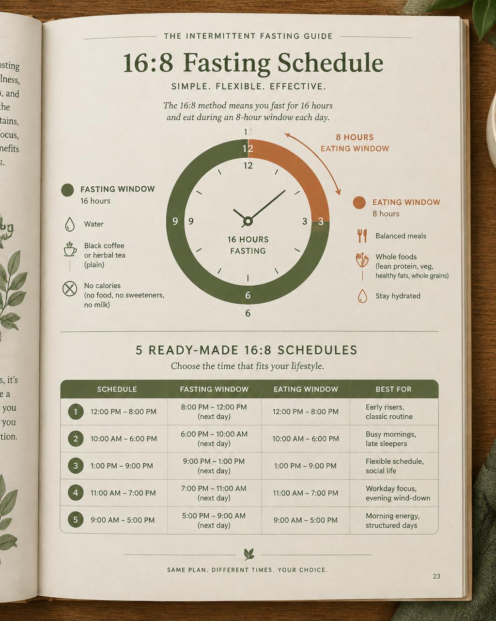 Página del kit con el diagrama del horario de ayuno 16:8 y la tabla de 5 horarios listos