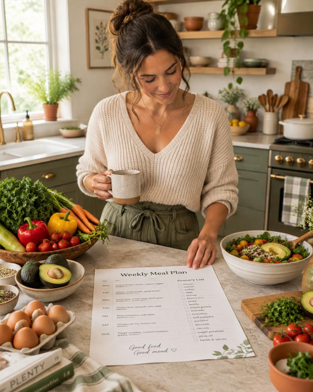 Mujer en su cocina revisando su plan semanal de menús con verduras frescas sobre la mesa